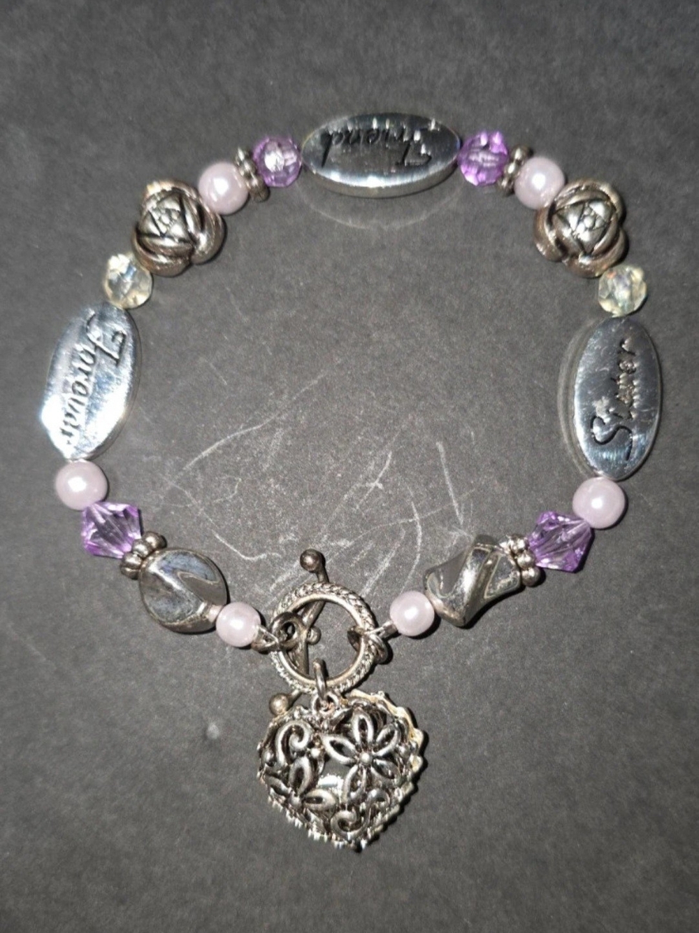 Silver Floral Heart Sister Charm Bracelet with Purple and Pink Beads